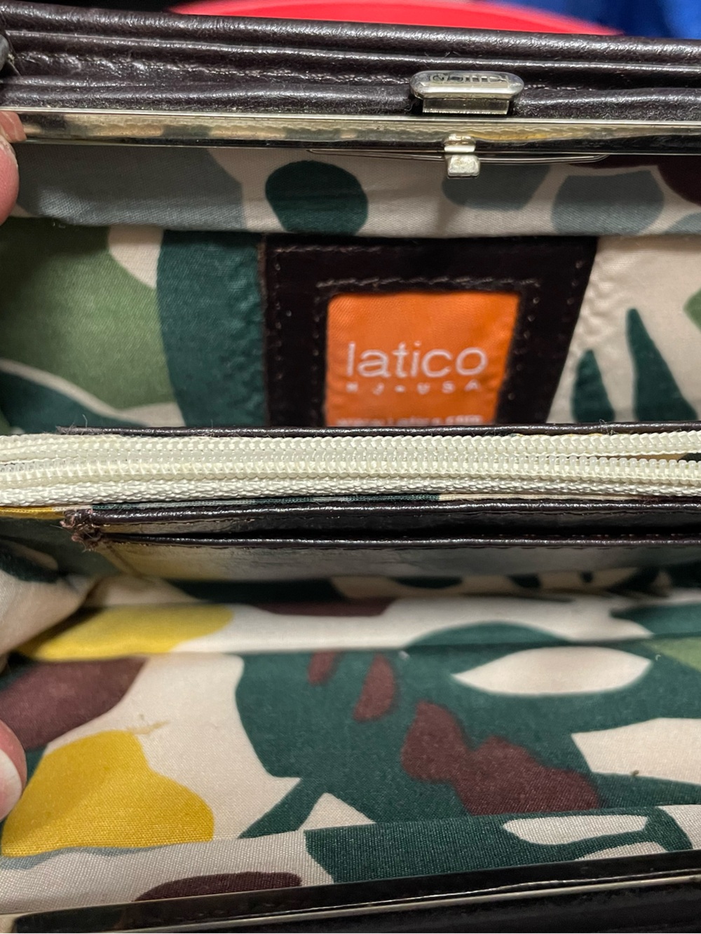 latico Brown Leather Wallet Bag with Green Printed Interior